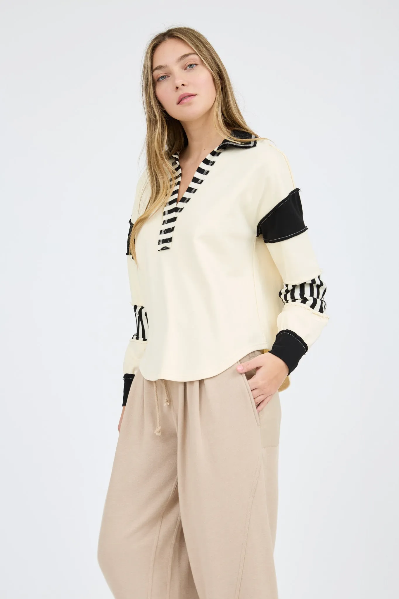 PATCHWORK STRIPE COLLARED LONG SLEEVE KNIT TOP sold by Blu Pepper product image thumbnail 5