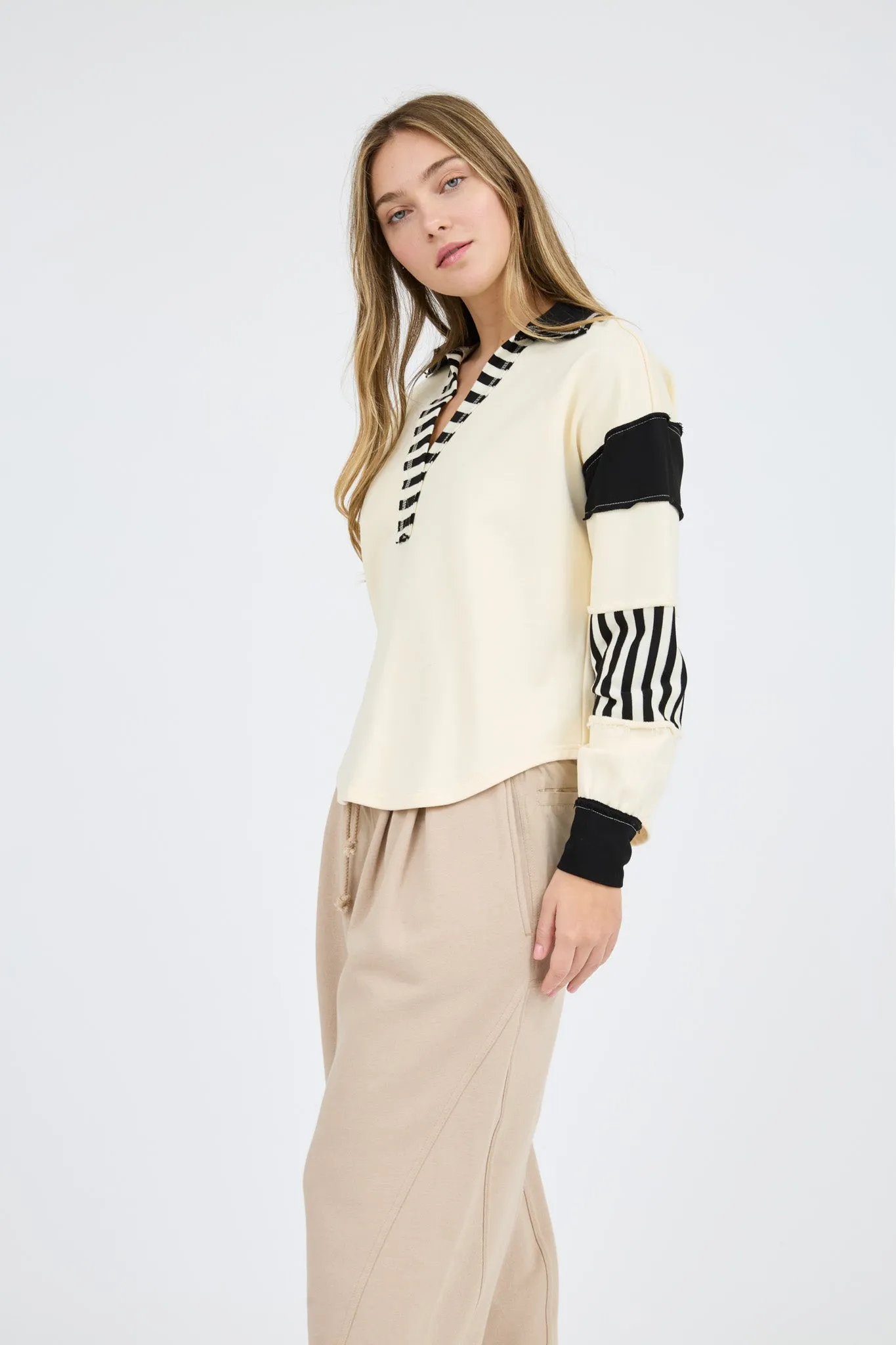 PATCHWORK STRIPE COLLARED LONG SLEEVE KNIT TOP sold by Blu Pepper product image thumbnail 3