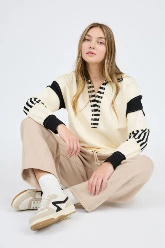 PATCHWORK STRIPE COLLARED LONG SLEEVE KNIT TOP sold by Blu Pepper