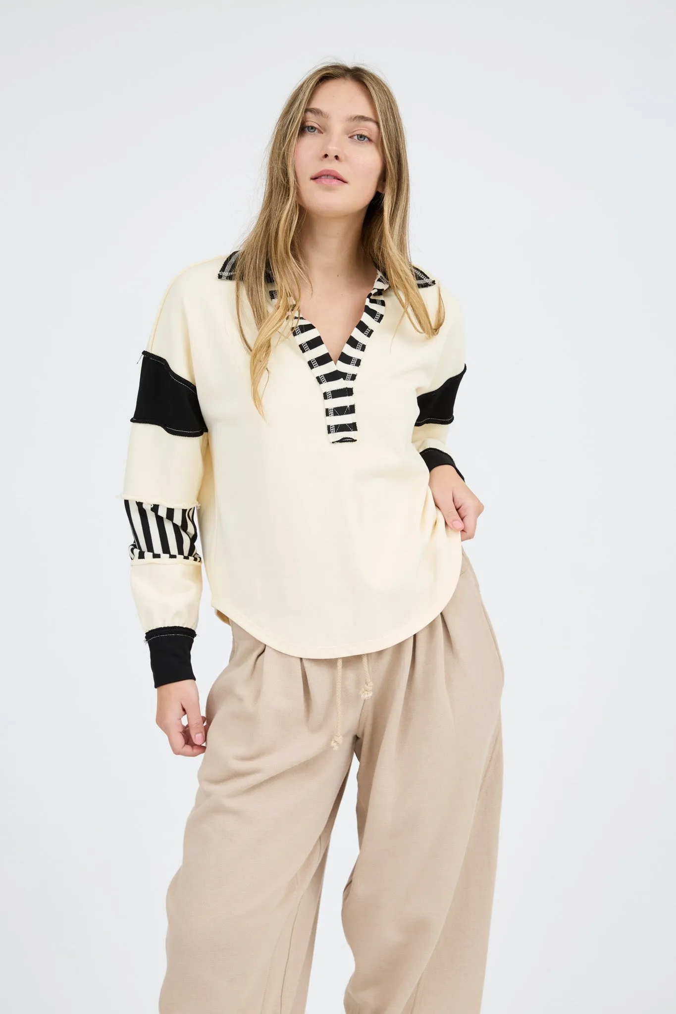 PATCHWORK STRIPE COLLARED LONG SLEEVE KNIT TOP sold by Blu Pepper product image thumbnail 4