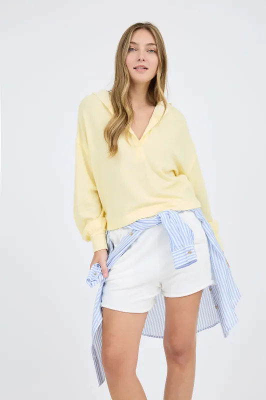 HOODED SPLIT NECK LONG SLEEVE KNIT TOP sold by Blu Pepper