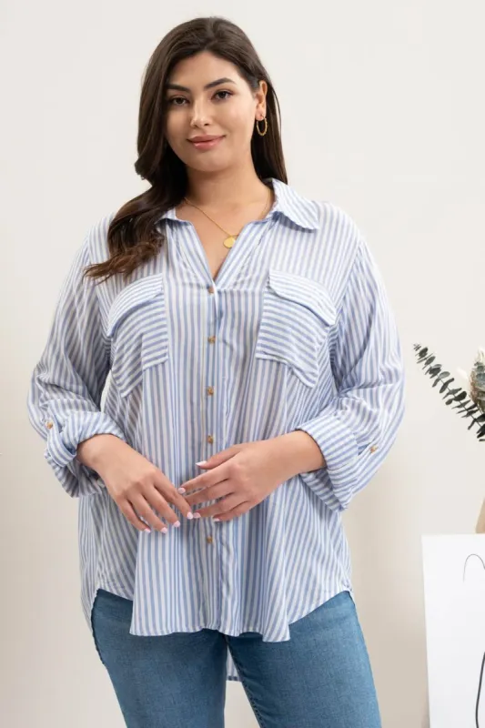 PLUS STRIPE COLLARED BUTTON DOWN LIGHTWEIGHT SHIRT sold by Blu Pepper