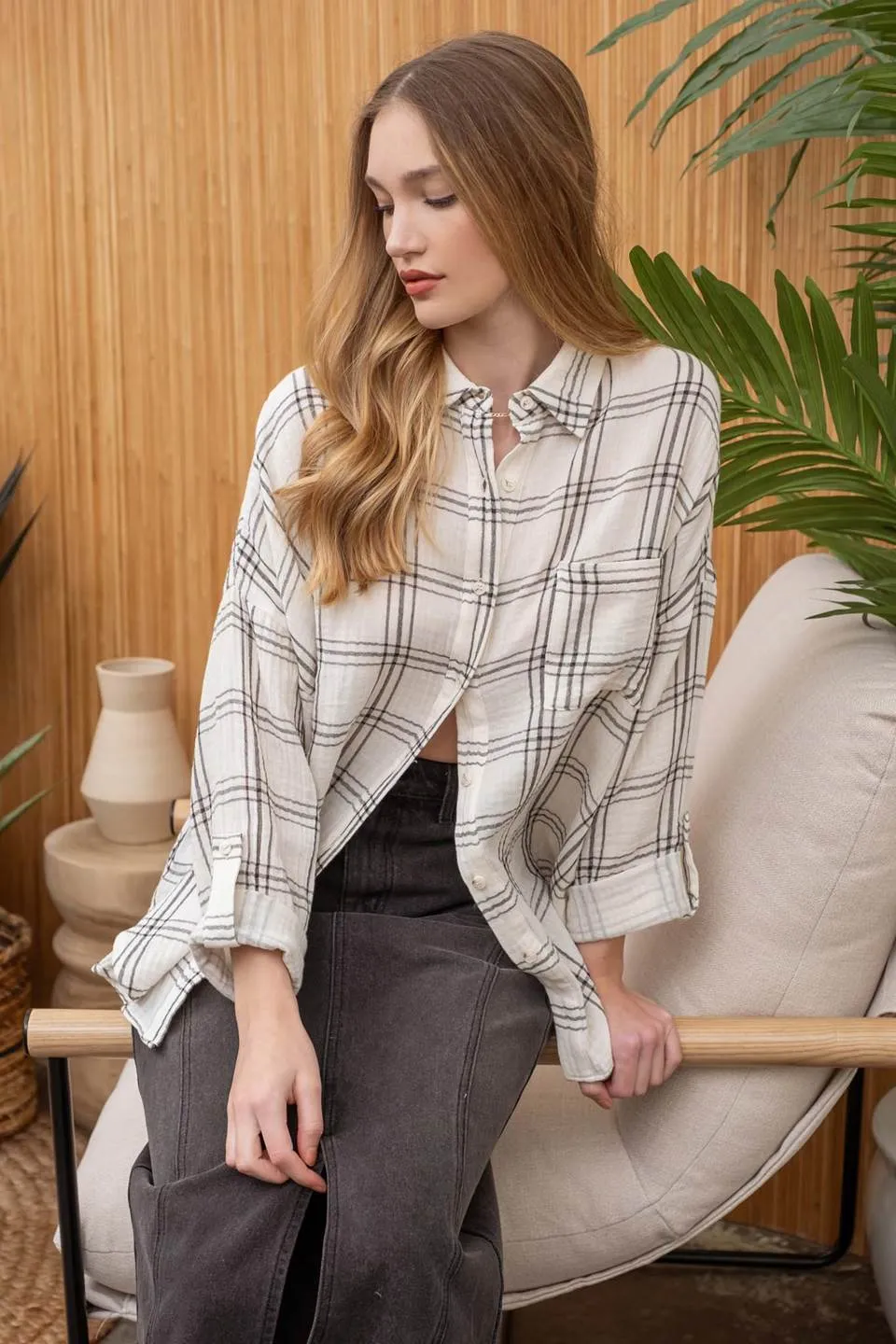OVERSIZED GRID PLAID TOP sold by Blu Pepper product image thumbnail 4