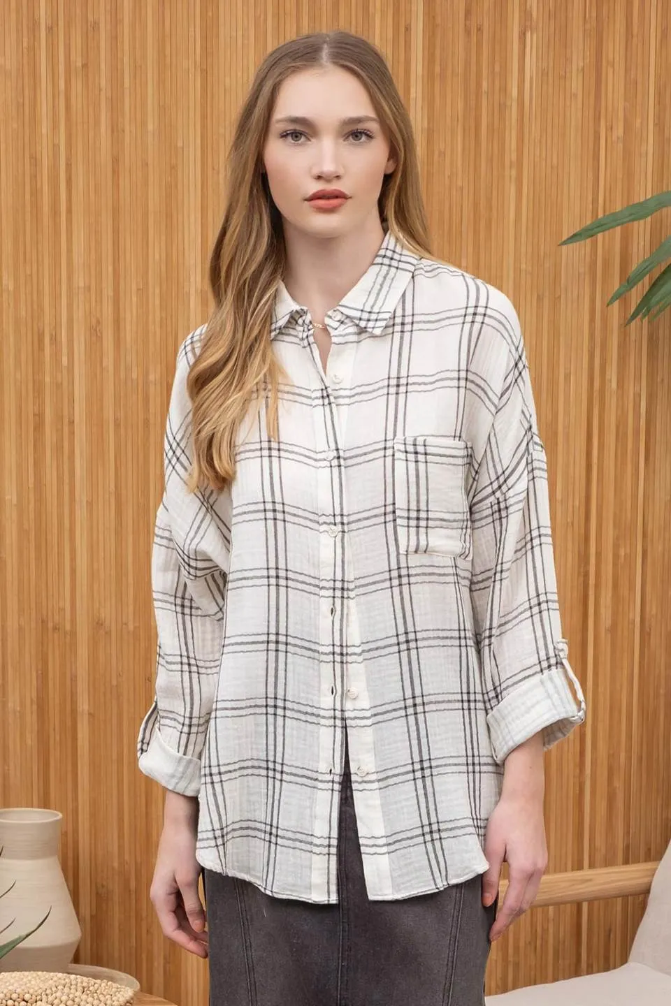 OVERSIZED GRID PLAID TOP sold by Blu Pepper