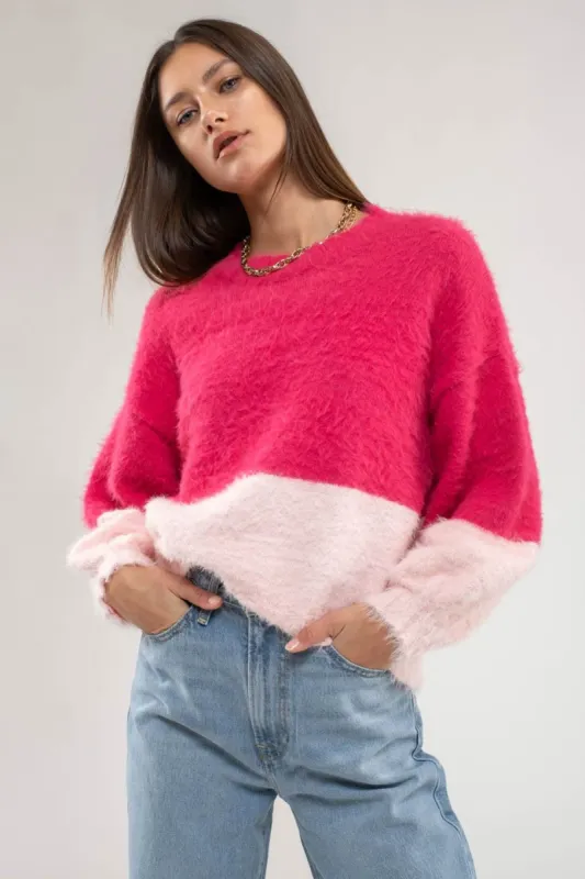 HORIZONTAL SPLIT FUZZY PULLOVER SWEATER sold by Blu Pepper