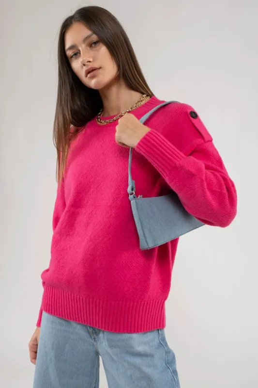 BUTTON TAB SHOULDER PULLOVER SWEATER sold by Blu Pepper