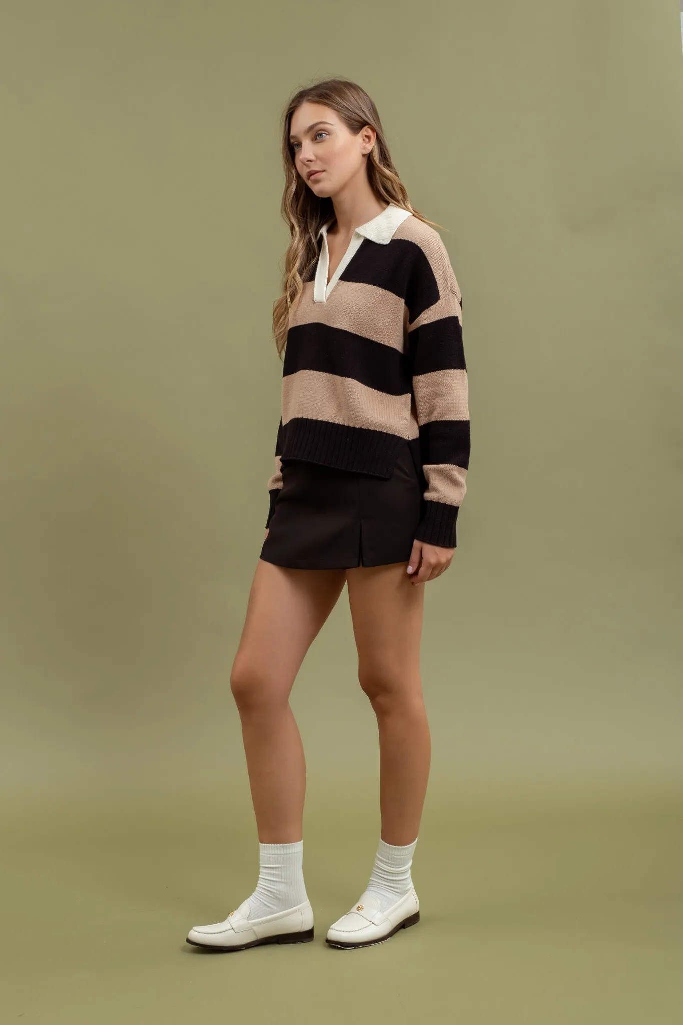 STRIPE CONTRAST COLLAR LONG SLEEVE KNIT SWEATER sold by Blu Pepper product image thumbnail 3