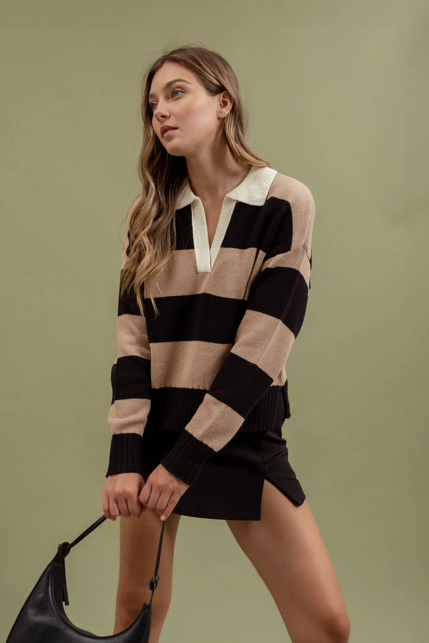 STRIPE CONTRAST COLLAR LONG SLEEVE KNIT SWEATER sold by Blu Pepper product image thumbnail 5