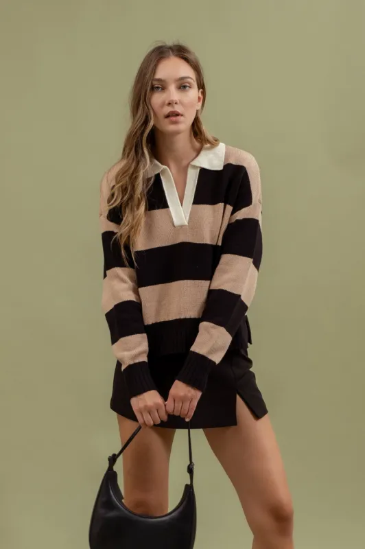 STRIPE CONTRAST COLLAR LONG SLEEVE KNIT SWEATER sold by Blu Pepper