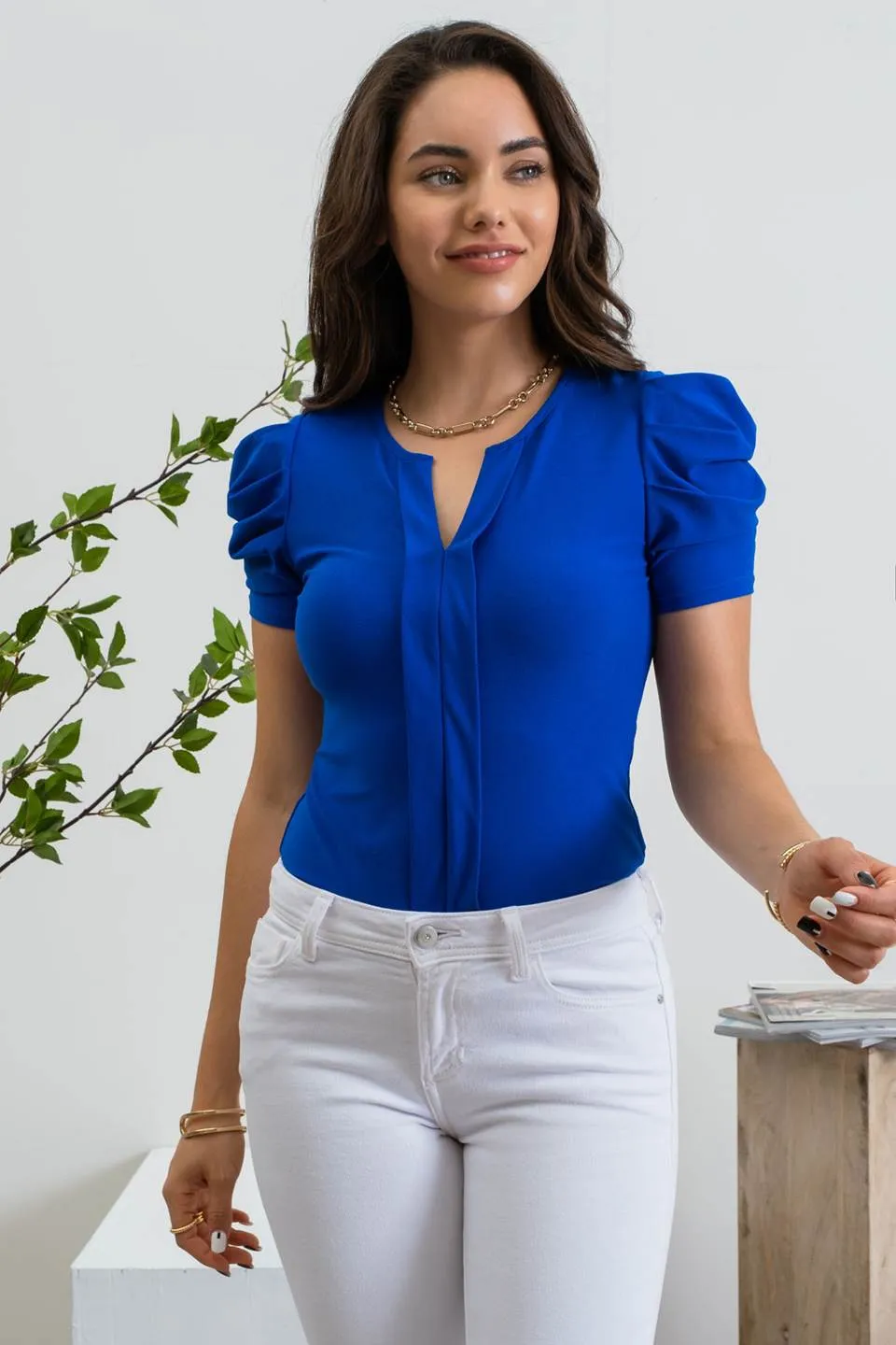 DRAPE SLEEVE SPLIT NECK TOP sold by Blu Pepper product image thumbnail 5