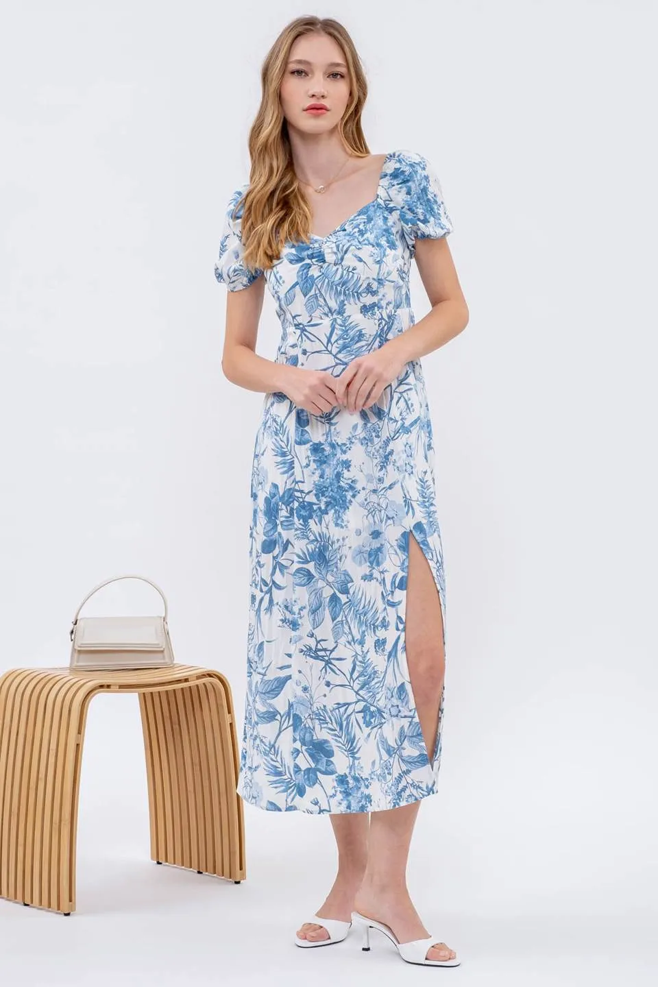 LEAF PRINT SPLIT THIGH MAXI DRESS sold by Blu Pepper