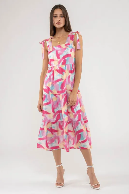 BRUSH STROKE PRINT TIERED MIDI DRESS sold by Blu Pepper