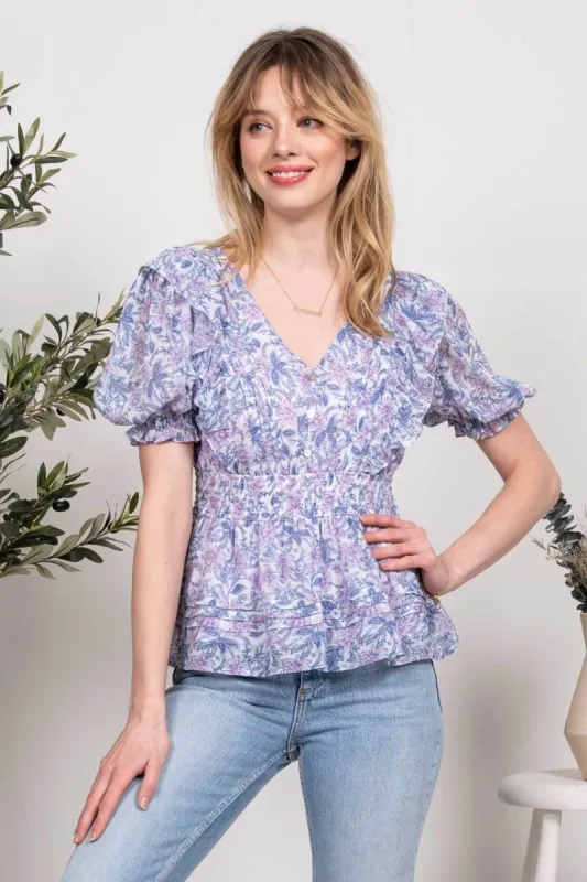 FLORAL PLEATED WOVEN TOP sold by Blu Pepper
