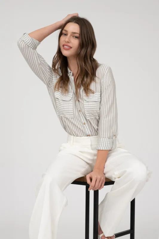 STRIPE COLLARED BUTTON DOWN LIGHTWEIGHT SHIRT sold by Blu Pepper
