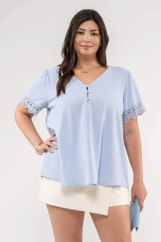 PLUS V NECK BUTTON FRONT LACE SHORT SLEEVE BLOUSE sold by Blu Pepper