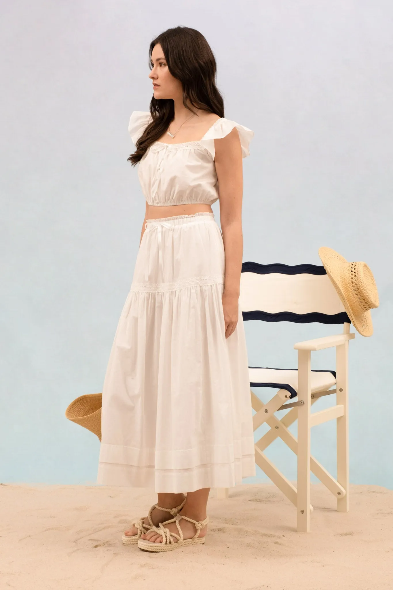 SQUARE NECK CROCHET TRIM RUFFLE SLEEVE CROP TOP sold by Blu Pepper product image thumbnail 3