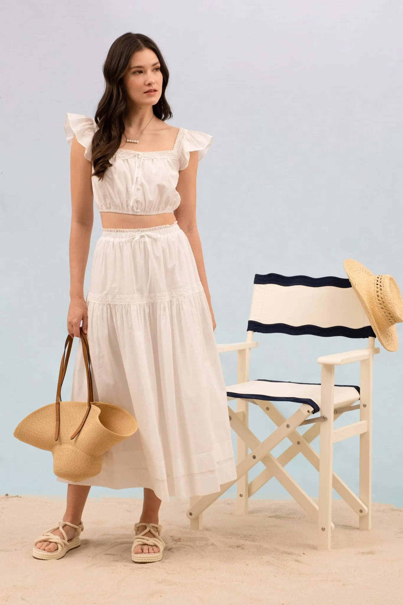 SQUARE NECK CROCHET TRIM RUFFLE SLEEVE CROP TOP sold by Blu Pepper