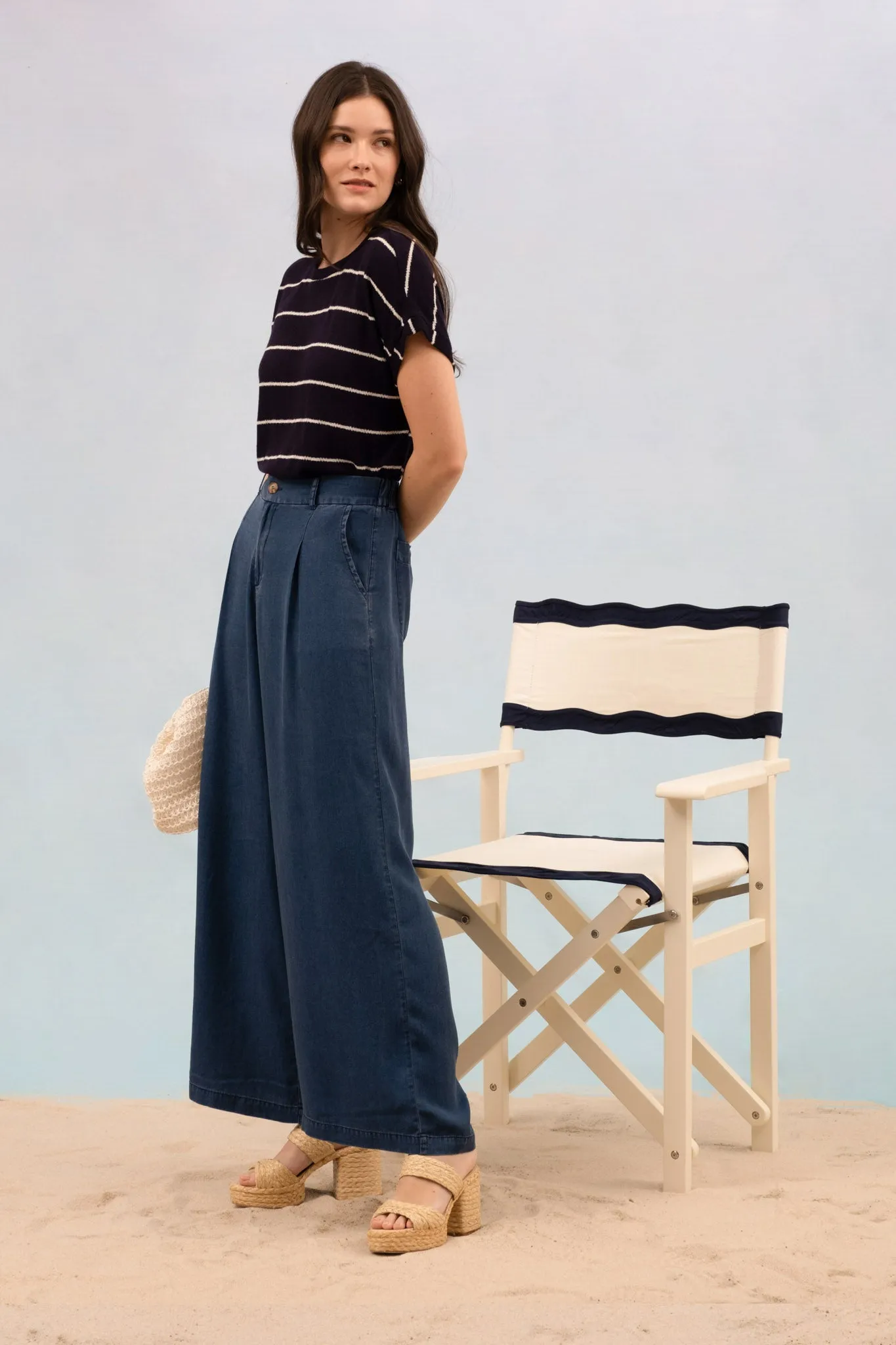 DARK CHAMBRAY PINTUCK DETAIL WIDE LEG PANTS sold by Blu Pepper