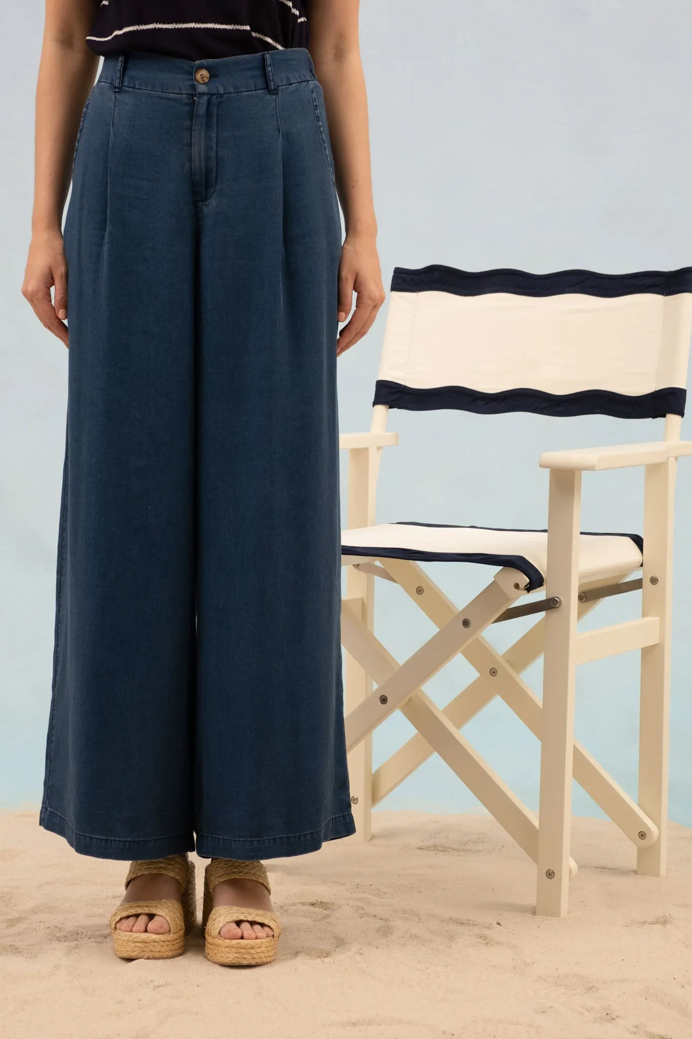 DARK CHAMBRAY PINTUCK DETAIL WIDE LEG PANTS sold by Blu Pepper product image thumbnail 2