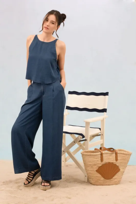 ROUND NECK SLEEVELESS BACK SELF TIE CHAMBRAY TOP sold by Blu Pepper