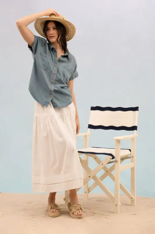 BUTTON DOWN EXTENDED SHOULDER CHAMBRAY TOP sold by Blu Pepper