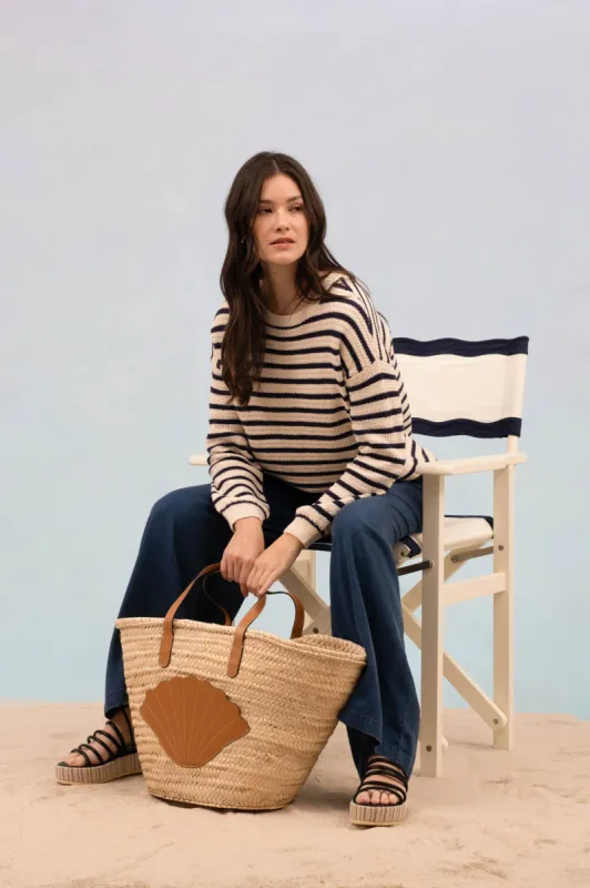 STRIPE CREW NECK DROP SHOULDER SWEATER sold by Blu Pepper