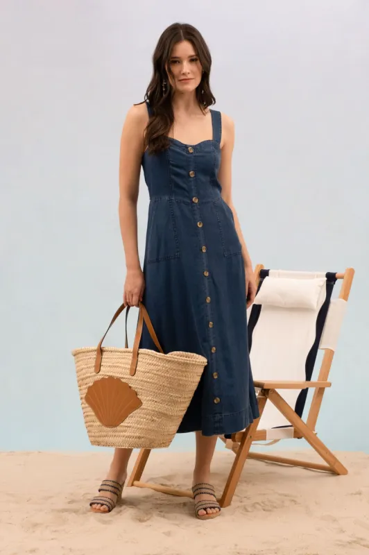 DARK CHAMBRAY BUTTON DOWN SLEEVELESS MAXI DRESS  (PRE-ORDER) sold by Blu Pepper