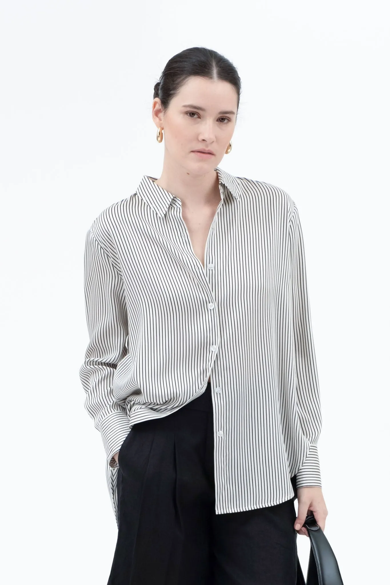 PINSTRIPE BUTTON DOWN LONG SLEEVE SATIN BLOUSE sold by Blu Pepper product image thumbnail 4