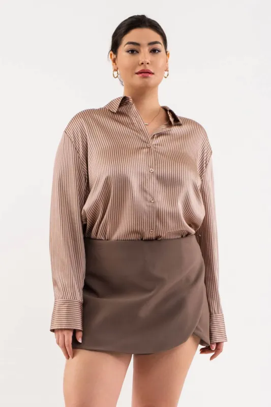 PLUS PINSTRIPE BUTTON DOWN LONG SLEEVE SATIN BLOUSE sold by Blu Pepper