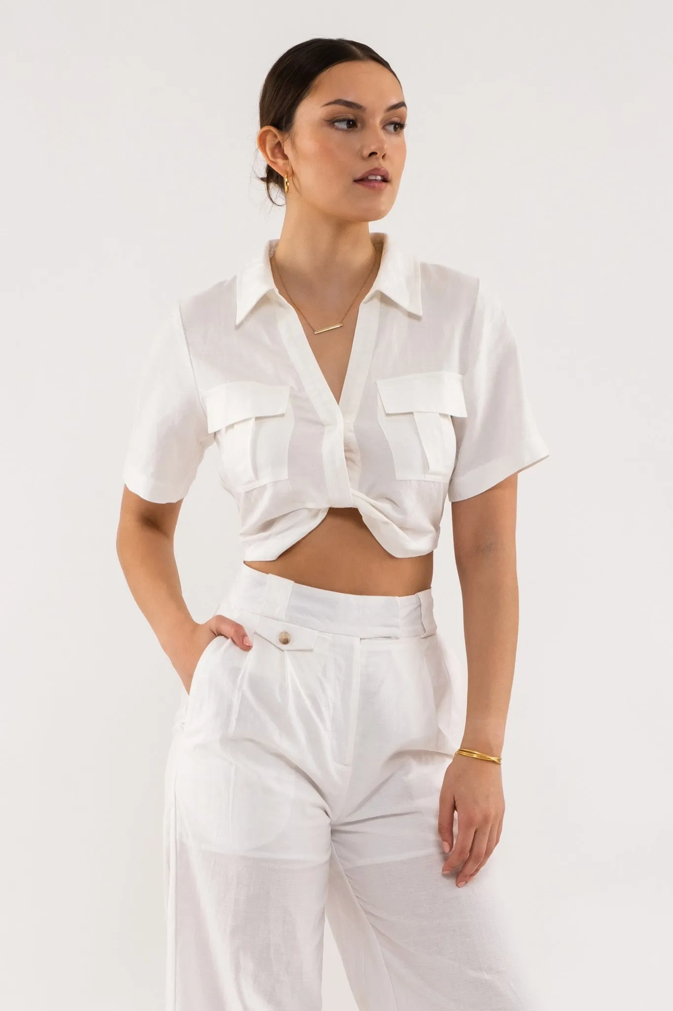 TWIST FRONT LINEN CROP TOP sold by Blu Pepper