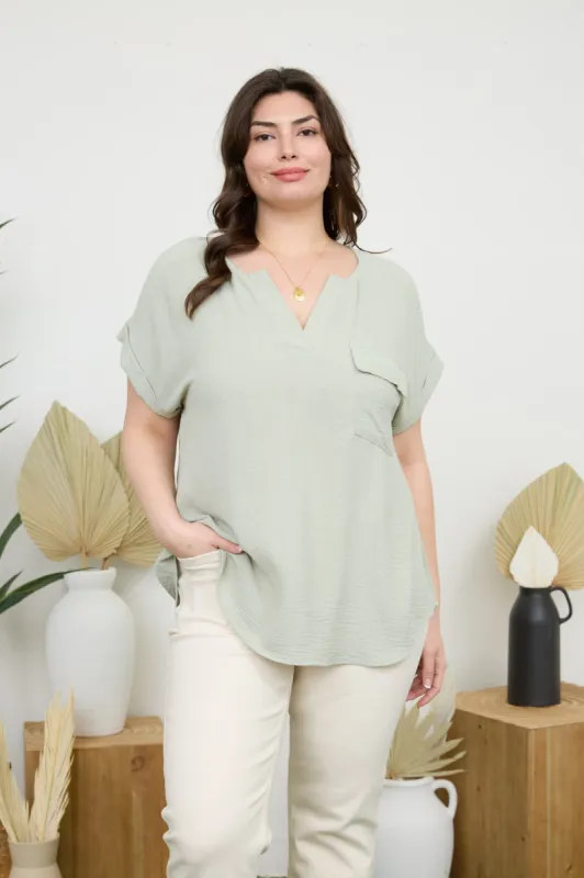PLUS SPLIT NECK BACK BUTTON SHORT FOLD SLEEVE TOP sold by Blu Pepper