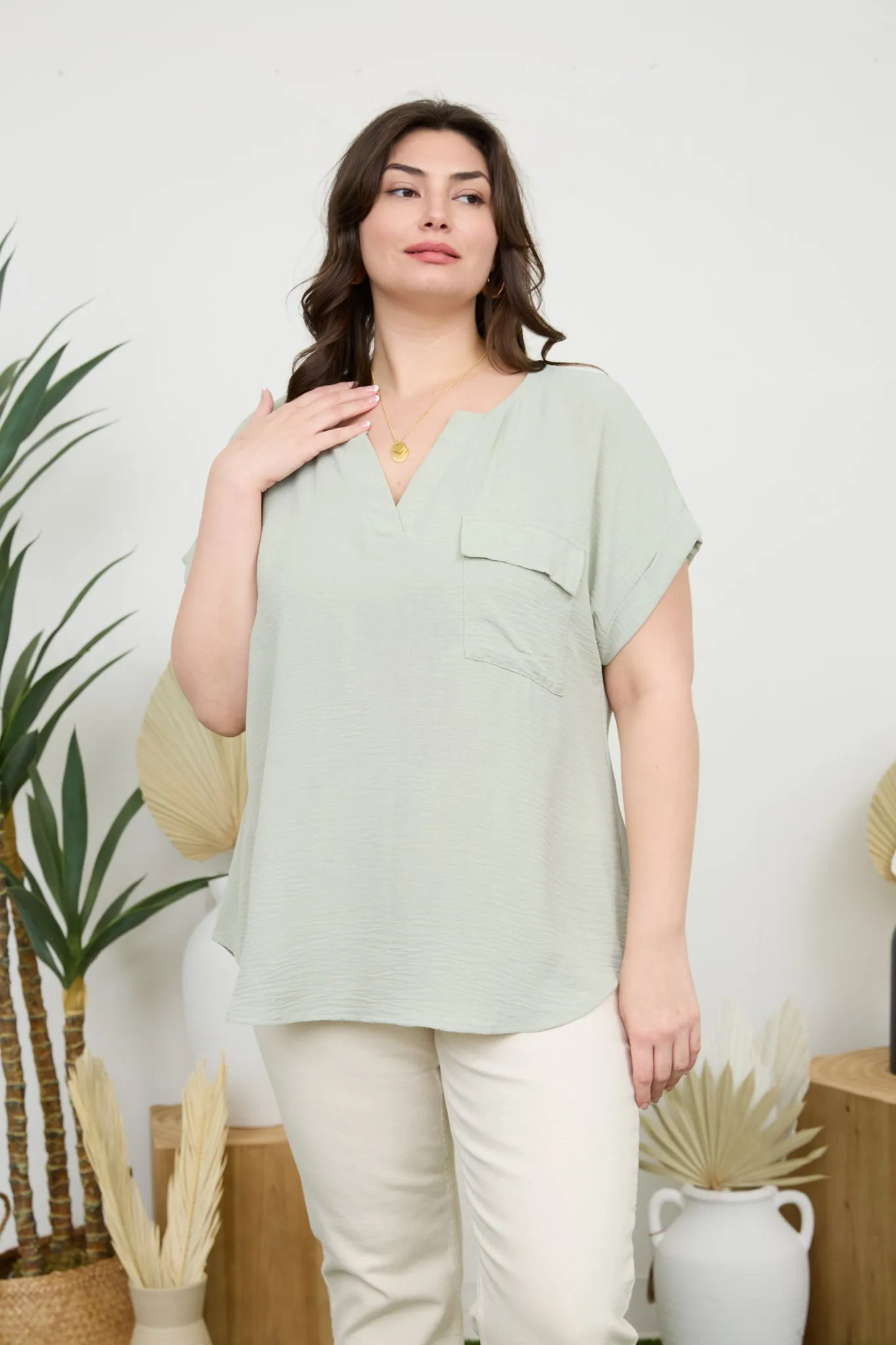 PLUS SPLIT NECK BACK BUTTON SHORT FOLD SLEEVE TOP sold by Blu Pepper product image thumbnail 4