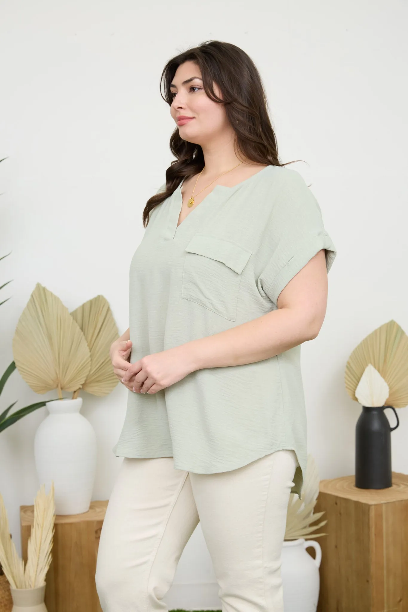 PLUS SPLIT NECK BACK BUTTON SHORT FOLD SLEEVE TOP sold by Blu Pepper product image thumbnail 3