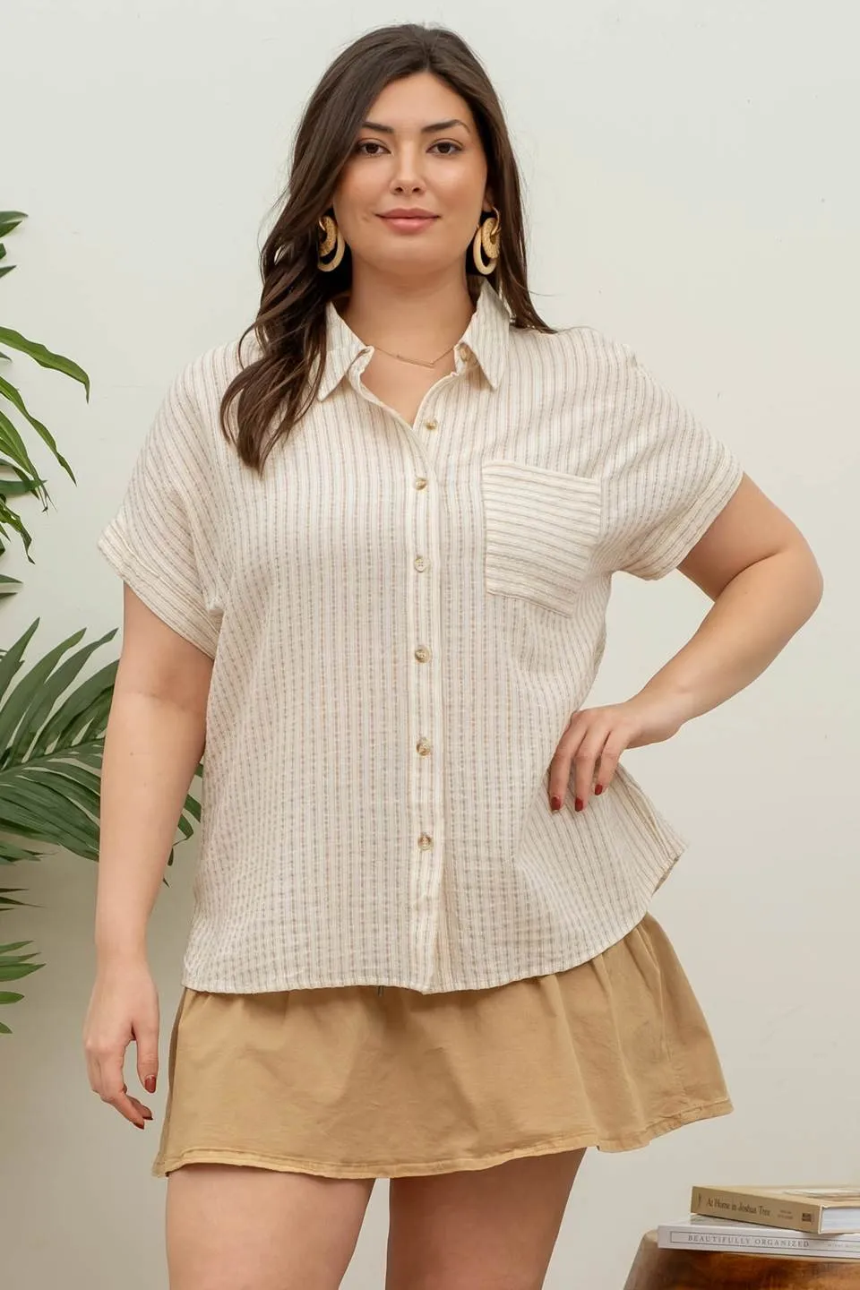 PLUS STRIPE COLLARED SHORT SLEEVE LINEN SHIRT sold by Blu Pepper
