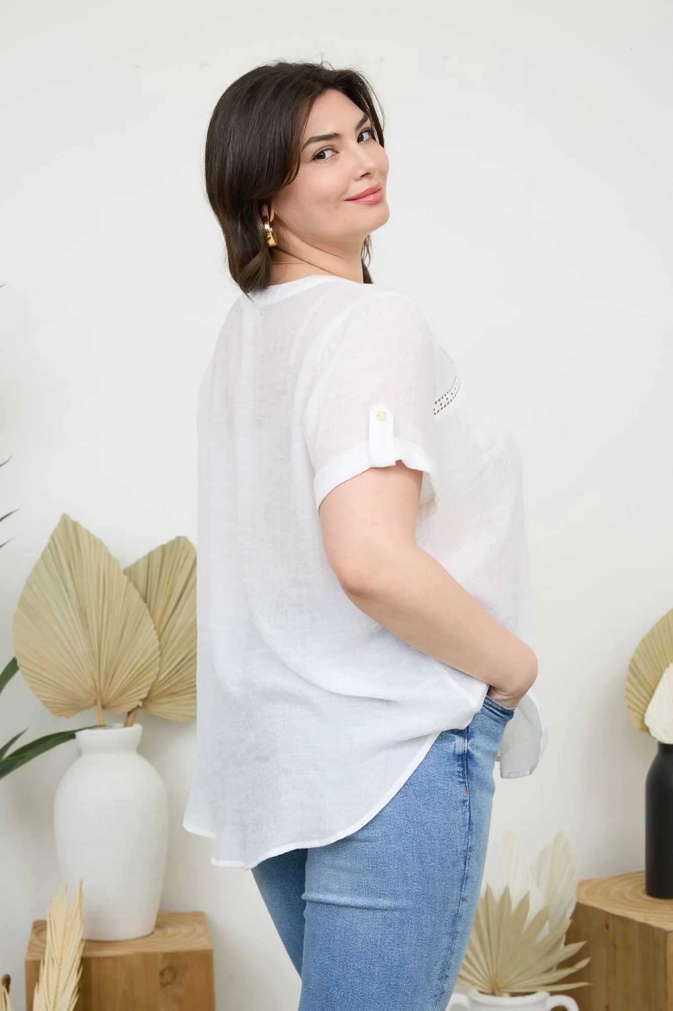 PLUS SHORT TAB SLEEVE SPLIT NECK LACE TRIM BLOUSE sold by Blu Pepper product image thumbnail 3