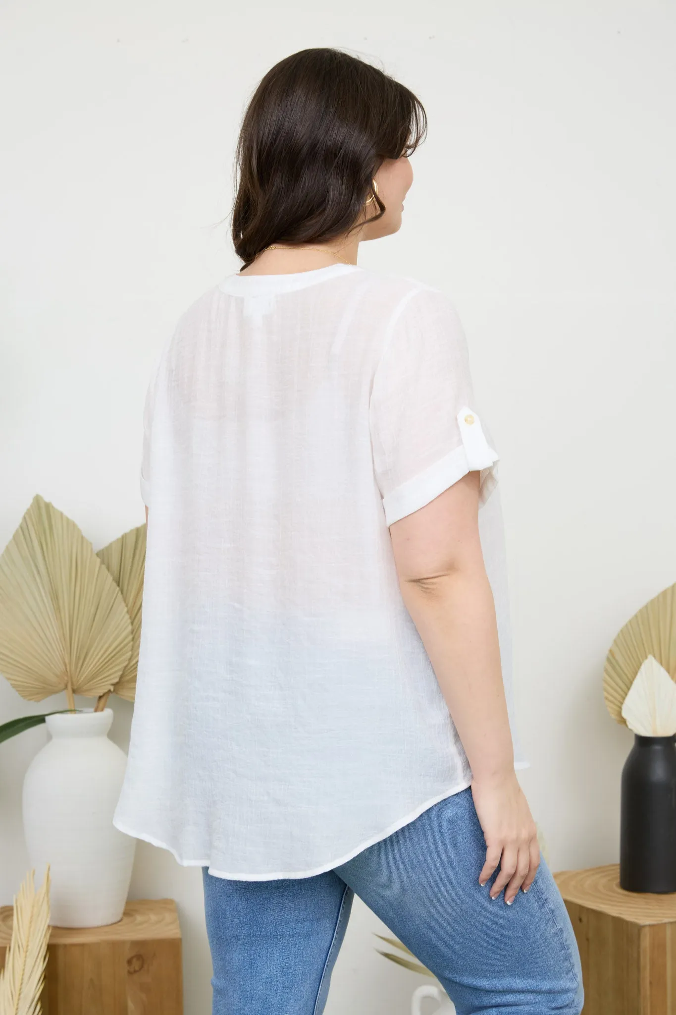 PLUS SHORT TAB SLEEVE SPLIT NECK LACE TRIM BLOUSE sold by Blu Pepper product image thumbnail 4
