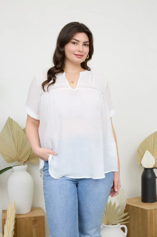PLUS SHORT TAB SLEEVE SPLIT NECK LACE TRIM BLOUSE sold by Blu Pepper