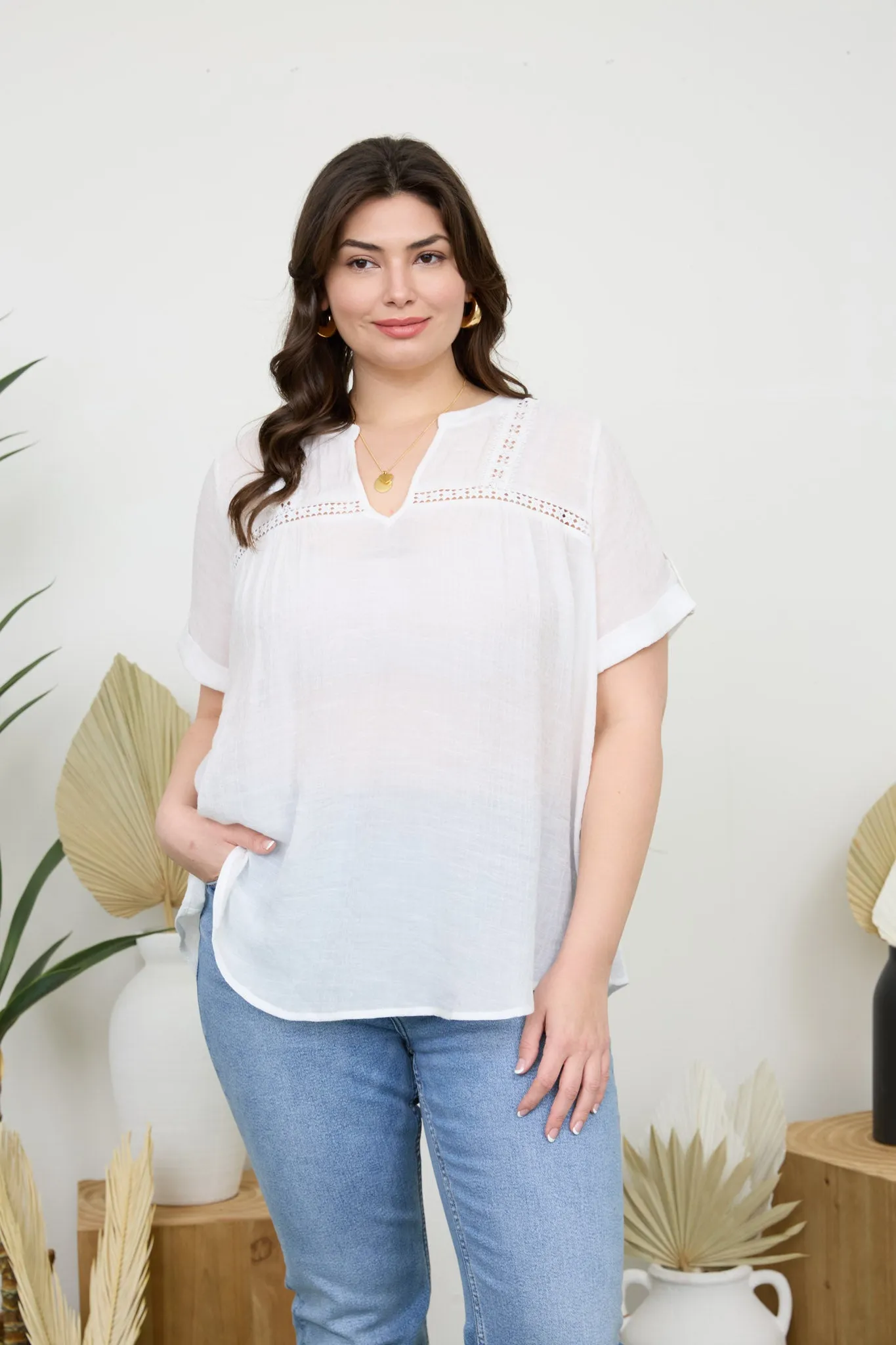 PLUS SHORT TAB SLEEVE SPLIT NECK LACE TRIM BLOUSE sold by Blu Pepper product image thumbnail 5
