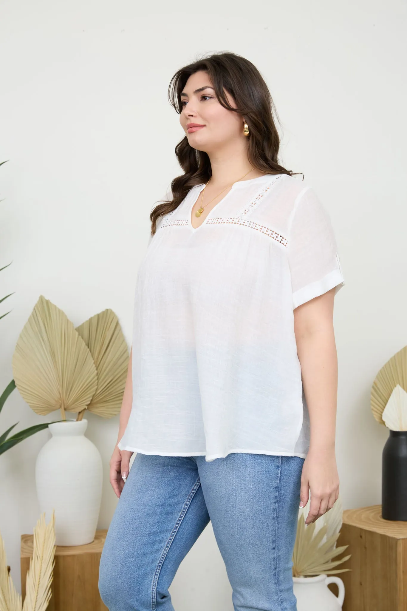 PLUS SHORT TAB SLEEVE SPLIT NECK LACE TRIM BLOUSE sold by Blu Pepper product image thumbnail 2
