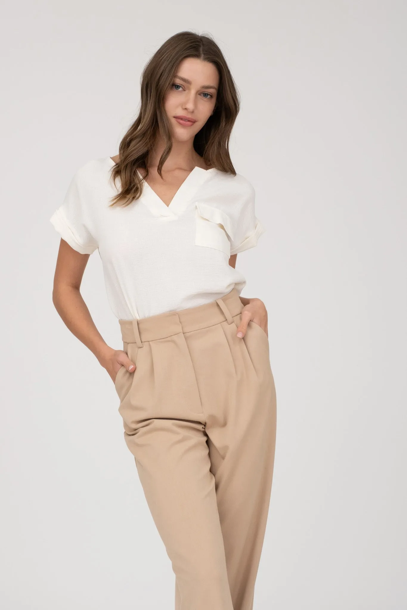 SPLIT NECK BACK BUTTON SHORT FOLD SLEEVE BLOUSE sold by Blu Pepper