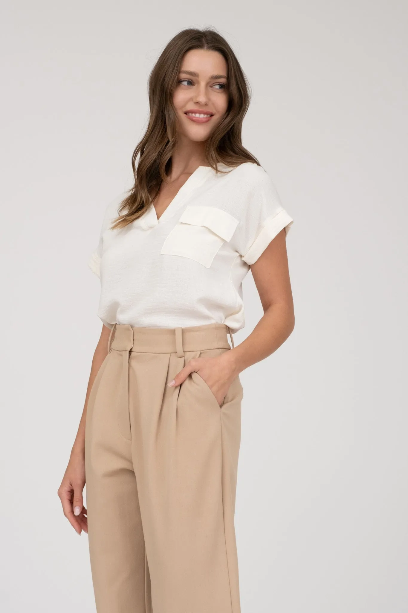 SPLIT NECK BACK BUTTON SHORT FOLD SLEEVE BLOUSE sold by Blu Pepper product image thumbnail 3