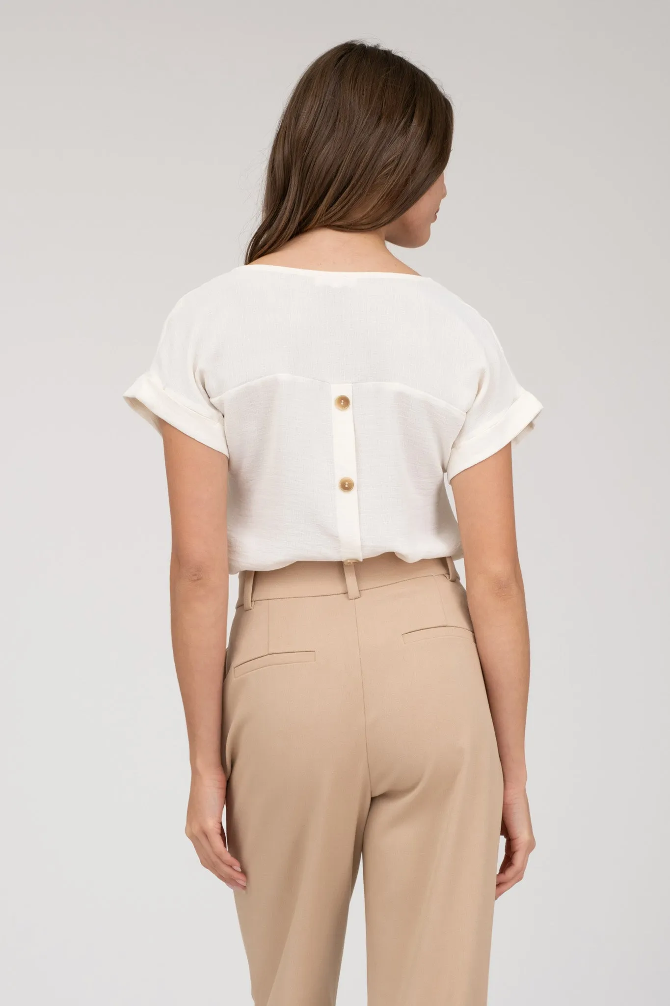 SPLIT NECK BACK BUTTON SHORT FOLD SLEEVE BLOUSE sold by Blu Pepper product image thumbnail 2