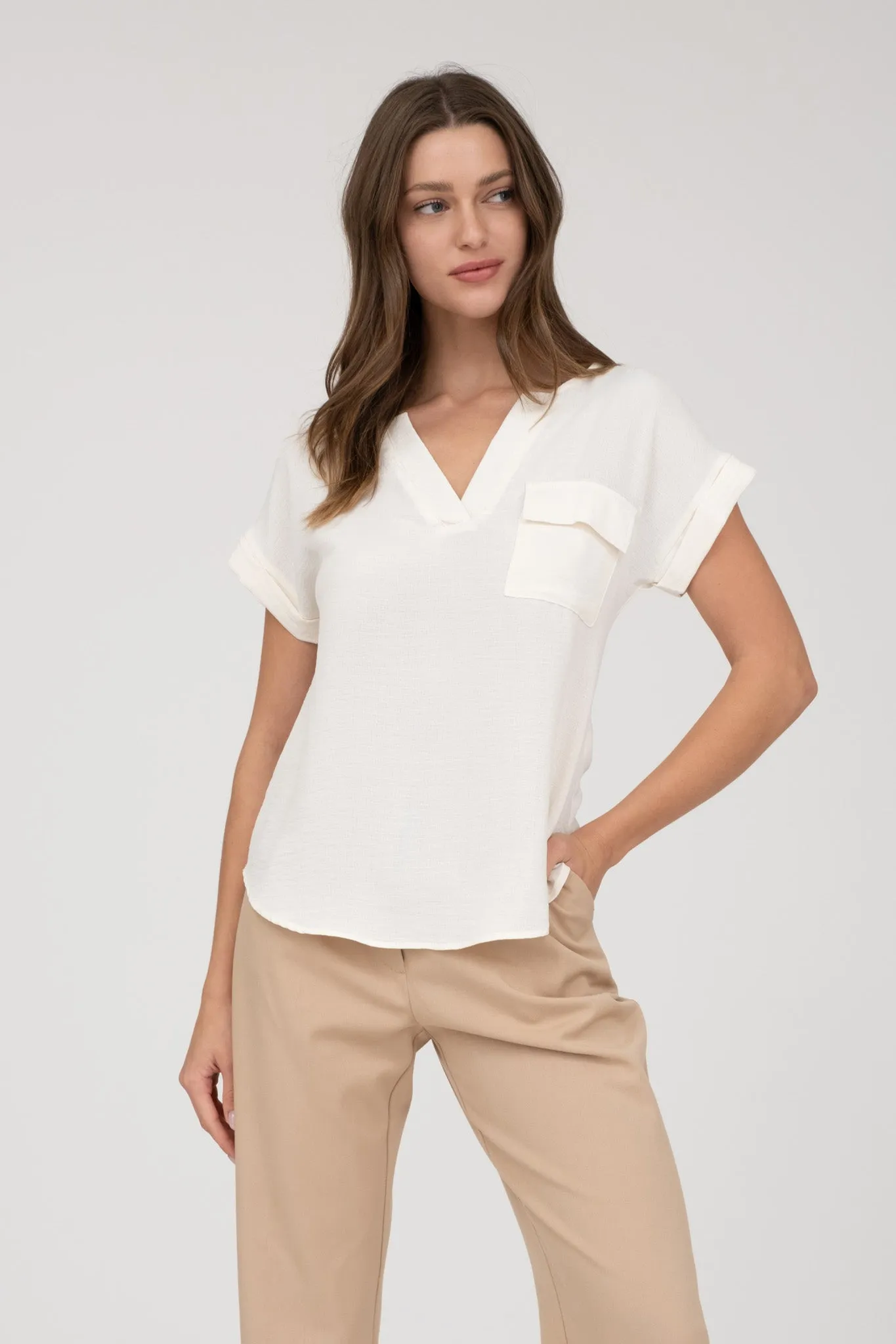 SPLIT NECK BACK BUTTON SHORT FOLD SLEEVE BLOUSE sold by Blu Pepper product image thumbnail 4