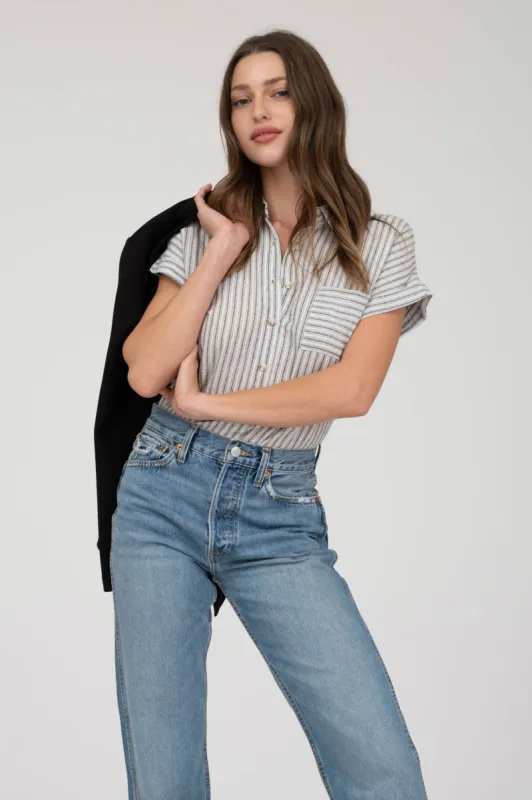 STRIPE COLLARED SHORT SLEEVE LINEN SHIRT sold by Blu Pepper