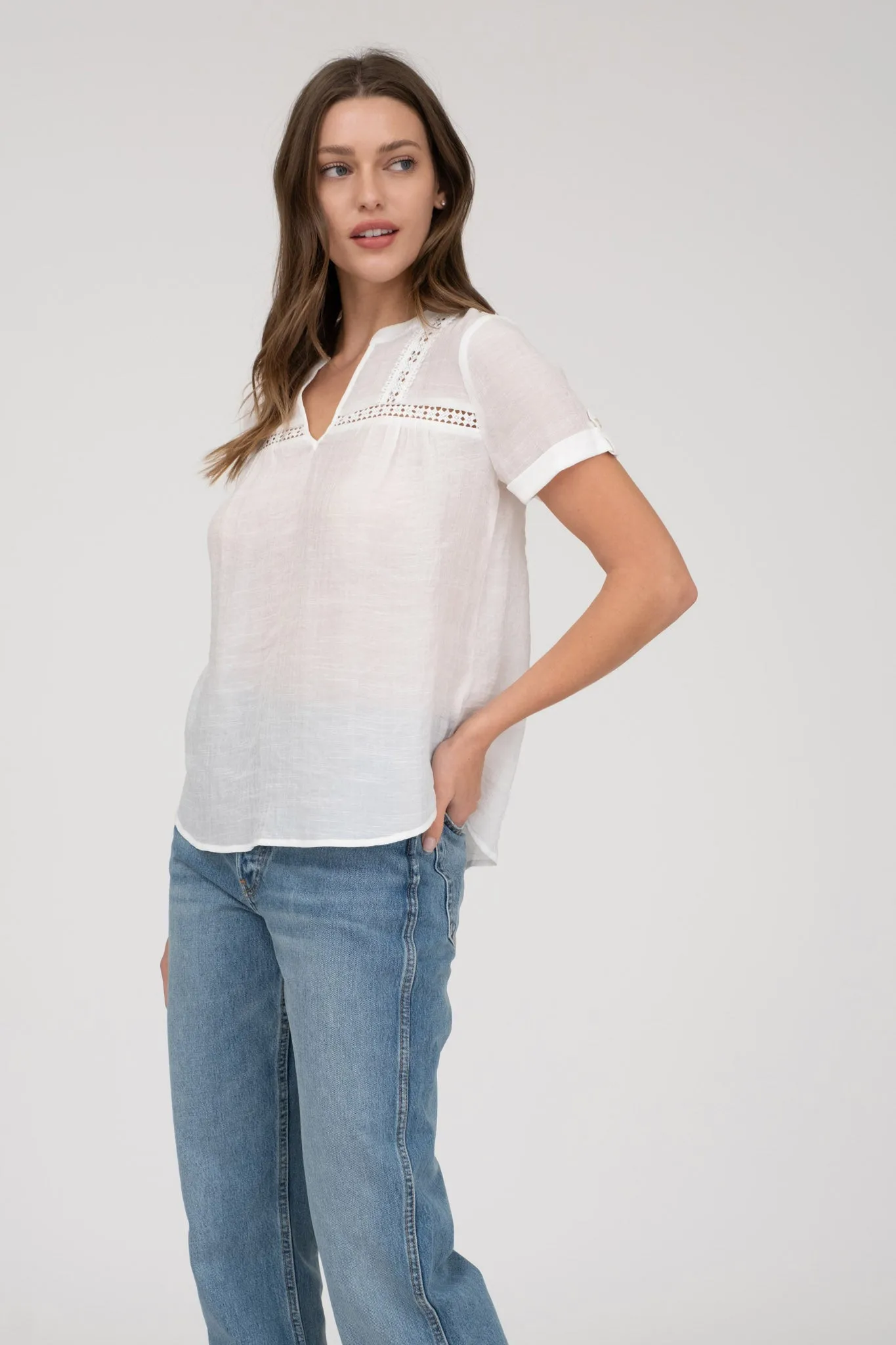 SHORT TAB SLEEVE SPLIT NECK LACE TRIM BLOUSE sold by Blu Pepper product image thumbnail 5