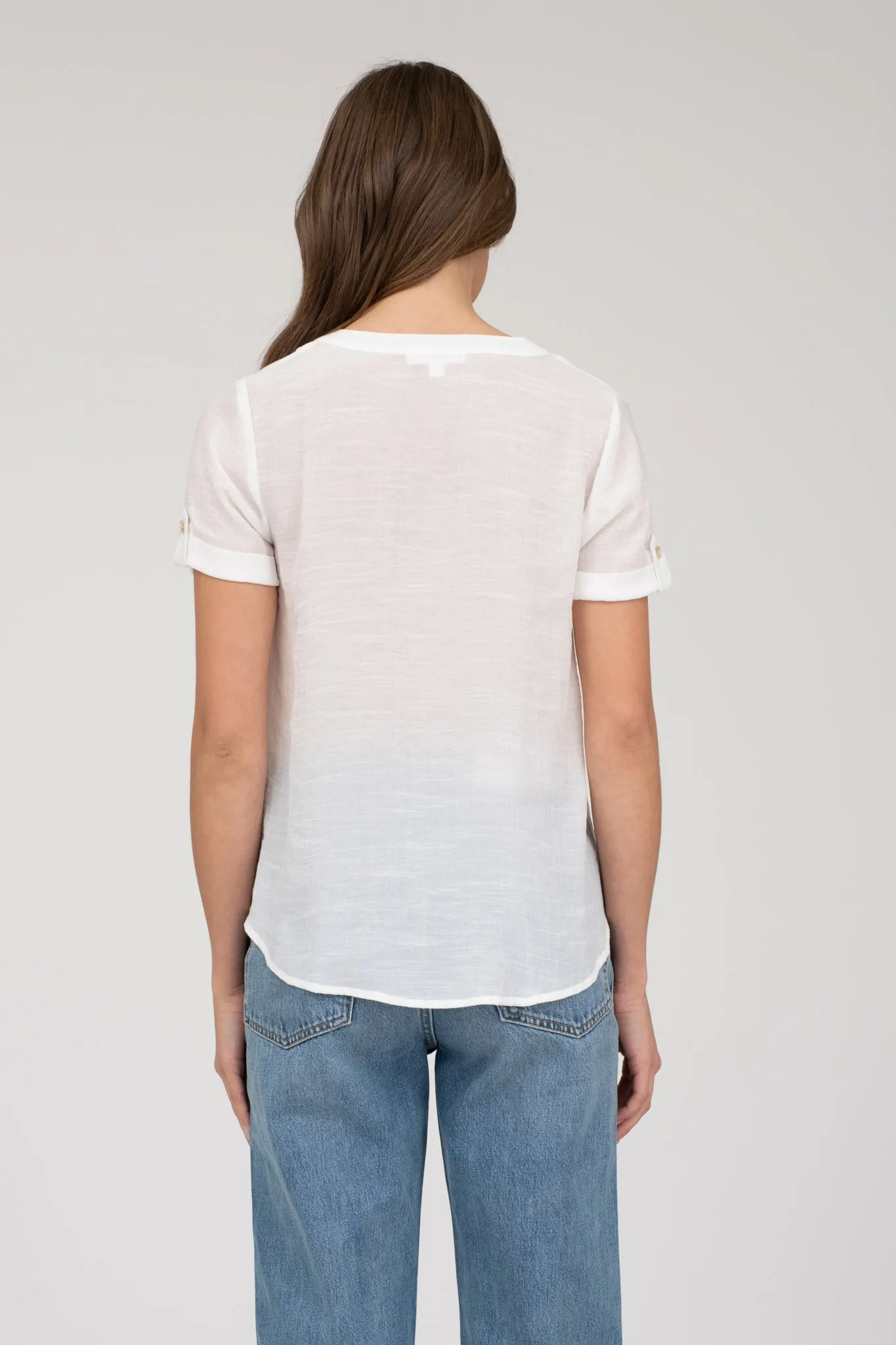 SHORT TAB SLEEVE SPLIT NECK LACE TRIM BLOUSE sold by Blu Pepper product image thumbnail 2