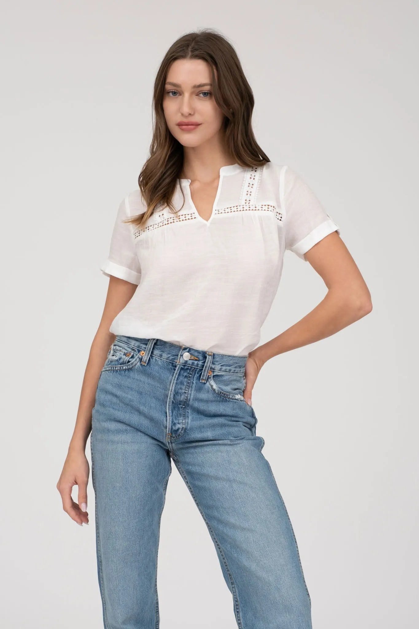 SHORT TAB SLEEVE SPLIT NECK LACE TRIM BLOUSE sold by Blu Pepper product image thumbnail 4