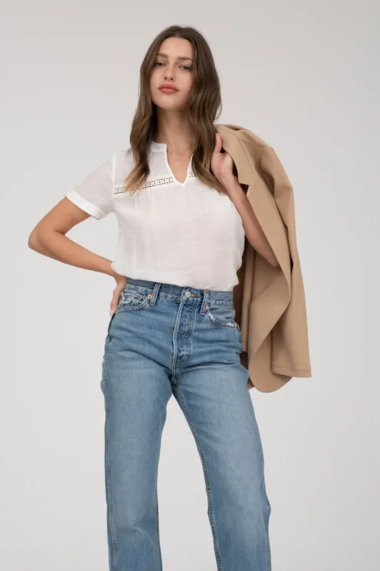 SHORT TAB SLEEVE SPLIT NECK  LACE TRIM BLOUSE sold by Blu Pepper