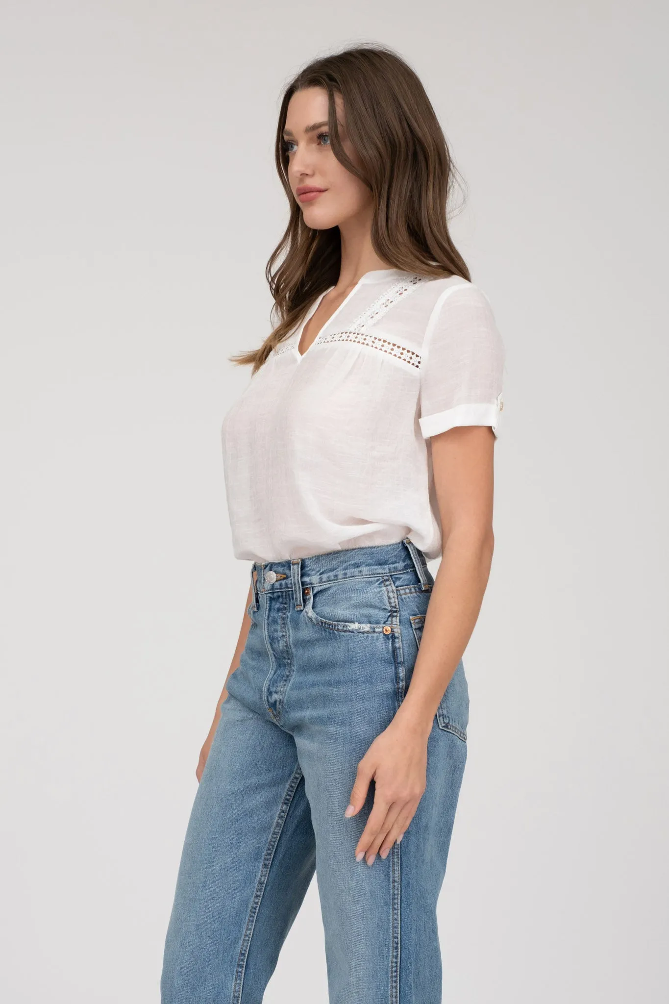 SHORT TAB SLEEVE SPLIT NECK LACE TRIM BLOUSE sold by Blu Pepper product image thumbnail 3