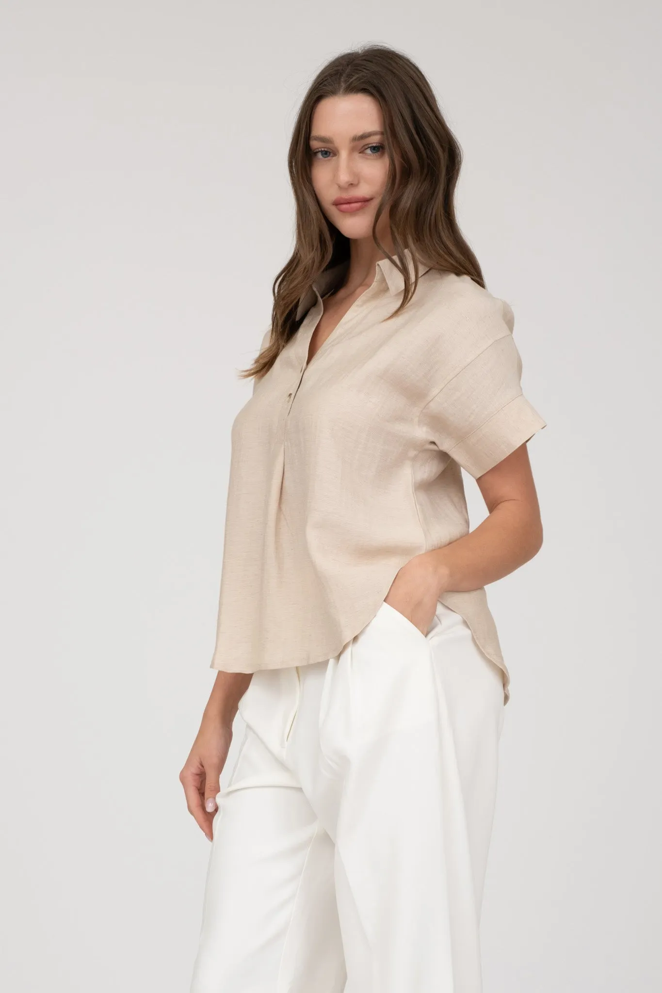 COLLARED HALF BUTTON SHORT SLEEVE SHIRT sold by Blu Pepper product image thumbnail 3